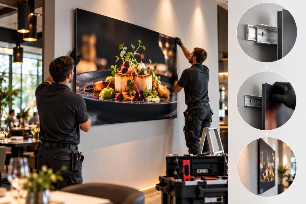 professionelle montage wenzl eines großformatigen alu dibond fotodrucks in der gastronomie.