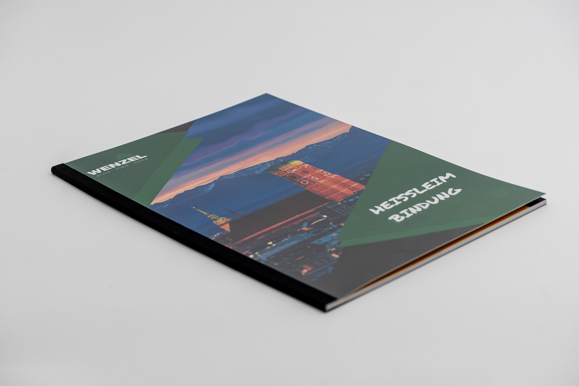 Sample brochure with adhesive binding and laminated cover, landscape format