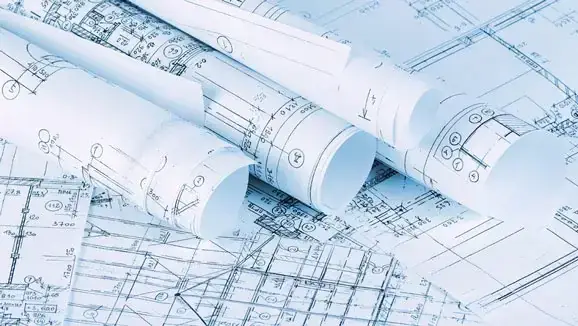 Digital gerenderte CAD-Gebäudezeichnung in Blau – professioneller Plotservice für Architektur- und Baupläne mit Expresslieferung.