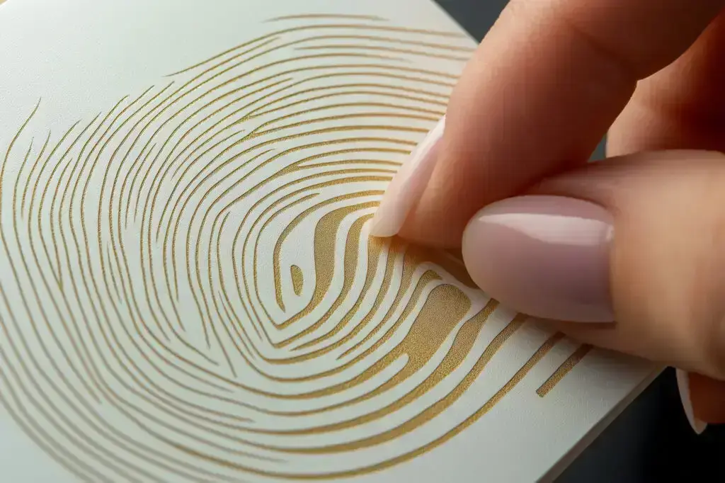 Detailaufnahme einer goldenen Heißfolienprägung in Fingerabdruck-Optik – hochwertige Veredelung durch Reliefdruck und Spezialtechniken.